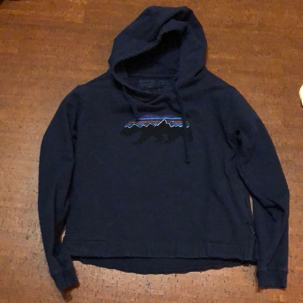Patagonia navy blue hooded sweatshirt with pockets!